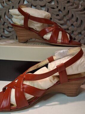 New in box Auditions Red Leather Strappy Sandals Wedge Heel 8.5 Buckle